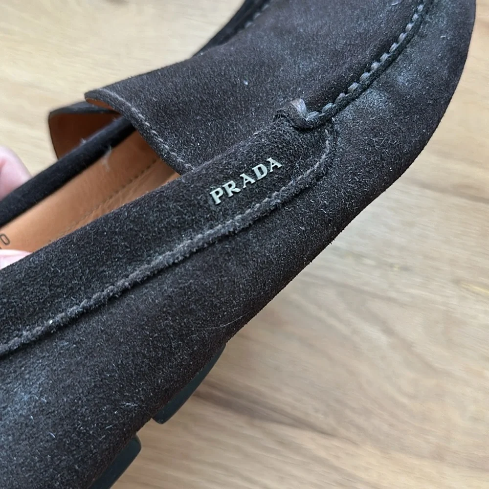PRADA men's dark brown suede leather slip-on driving moccasins size 10, unworn